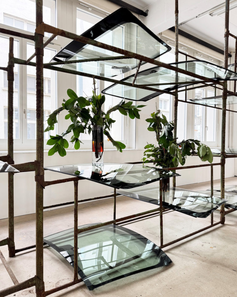 Invasive-Species,-2026,-installation.-Cylindres-de-verre,-huiles-moteur-et-huiles-de-friture-usagées,-eau,-ampoules,-câbles-de-cuivre,-téléphones,-tablettes,-vidéos,-plantes,-objets-.--©-Sophie-Ballmer,-in-collaboration-with-TarikHayward